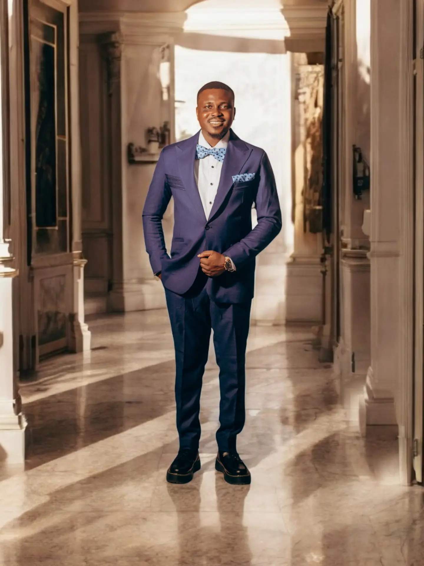 Portrait of Akinwande Robert in a tailored navy suit and bow tie, standing in a sunlit marble hallway