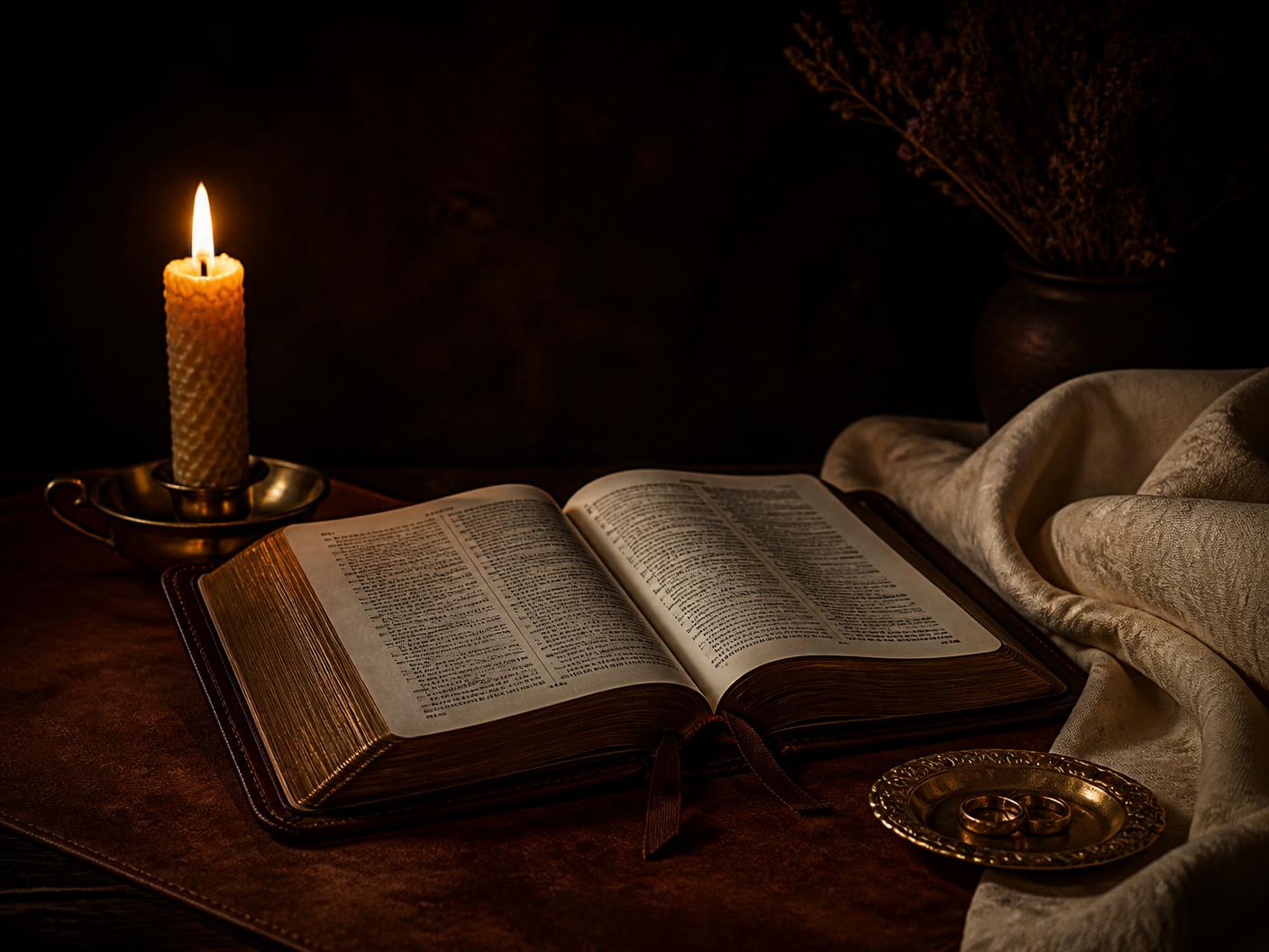 An open Bible beside a lit candle on a dark table